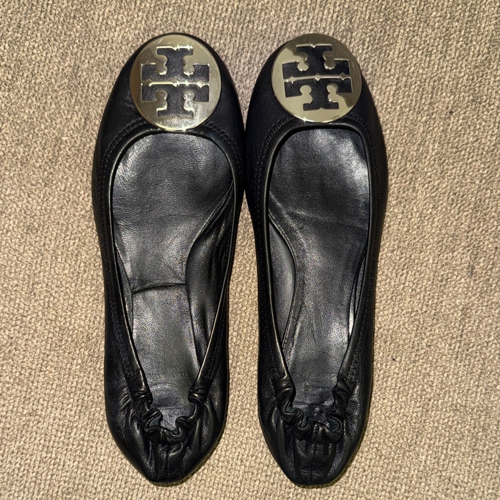 Tory Burch Black Flats with Gold Logo